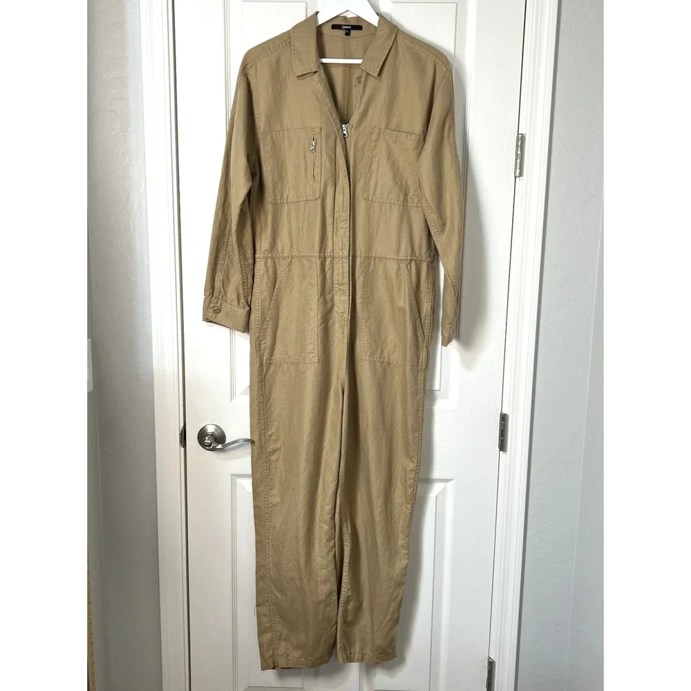 QUINCE Organic Cotton Linen Twill Jumpsuit Women L Long Sleeve Camel Sustainable